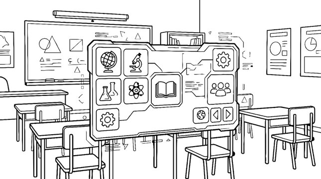 Futuristic digital education interface in empty classroom setting