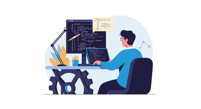 Software developer illustration shows a person working at a desk with multiple monitors displaying computer code in a modern office.