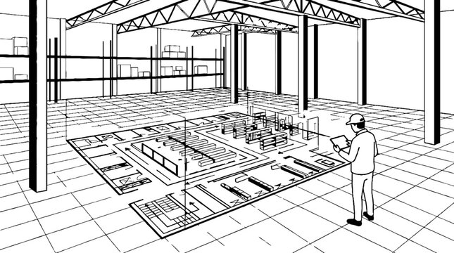 Engineer viewing holographic factory layout in empty warehouse