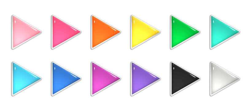 3D puffy glossy gradient triangle play button set, 12 colorful jelly-like arrow icon bases and translucent edge media control design, 3D rendered rich texture illustration