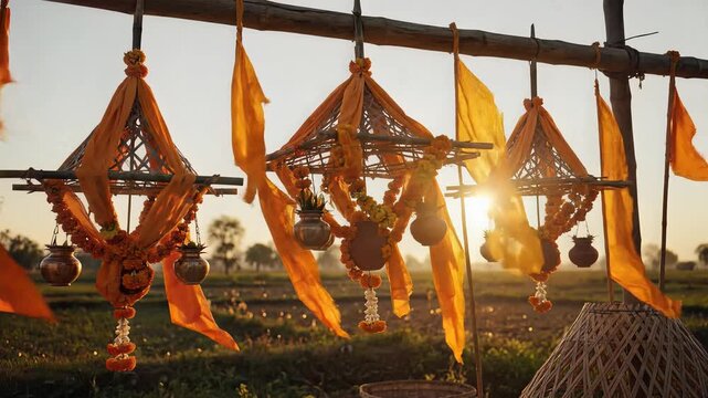 Traditional saffron flags for Kanwar yatra pilgrimage during golden hour