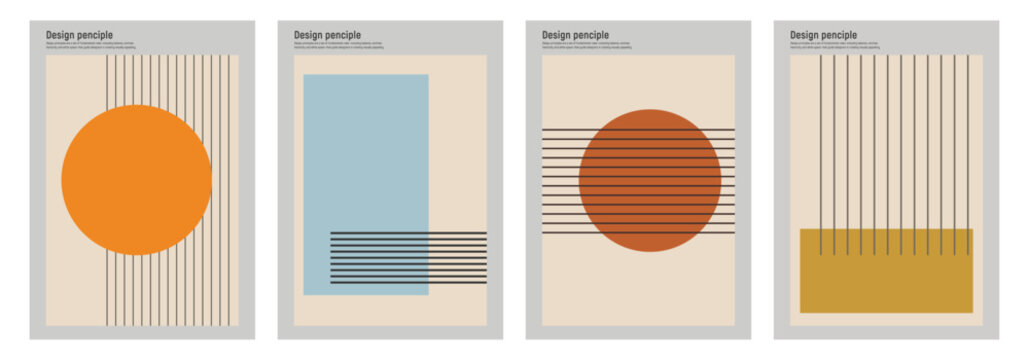 Set of four abstract geometric posters with circles rectangles and thin vertical black lines in modern minimalist style for wall art decoration or creative graphic design project