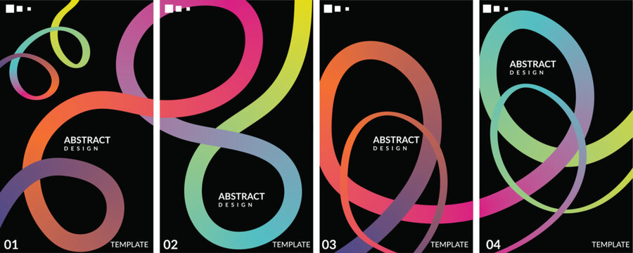 A set of Abstract neon loop liquid wave template collection on black, Vector illustration template set featuring colorful, abstract, flowing 3D gradient liquid lines.