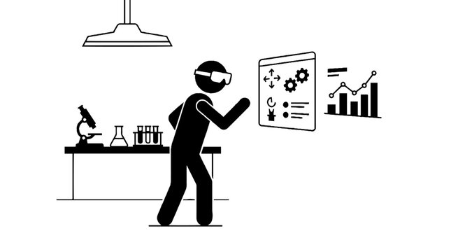 Scientist using virtual reality headset to analyze lab data