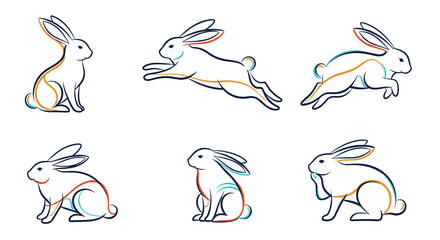 Obraz premium Six simple line drawings of rabbits in various natural poses such as jumping and sitting for animal themed designs.