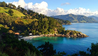 Obraz premium A vibrant coastal scene captures a tranquil bay with turquoise waters, framed by lush greenery and rolling hills. A sunny day