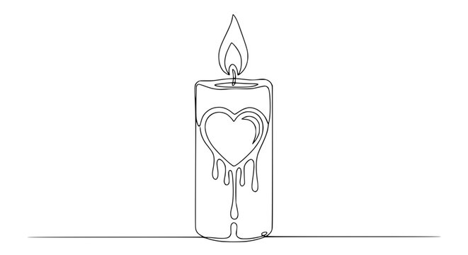 Single line drawing of a burning candle with heart symbol, love, romance, melted wax