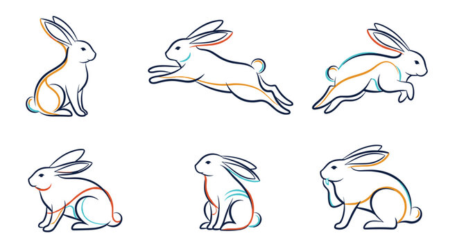 Six simple line drawings of rabbits in various natural poses such as jumping and sitting for animal themed designs.
