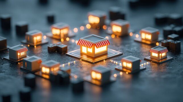 Miniature illuminated commercial buildings form a glowing network across a dark surface