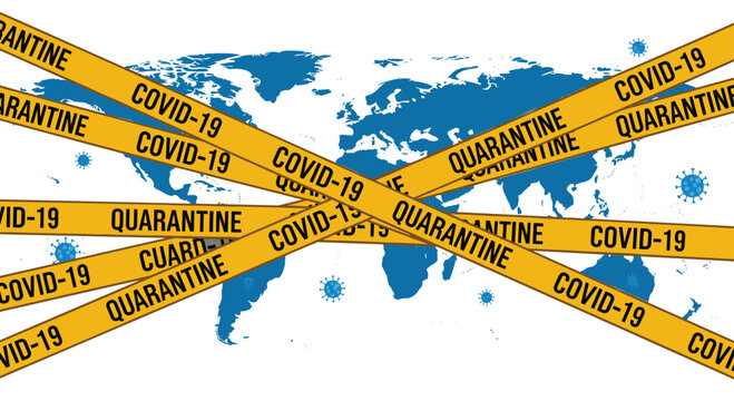 World map covered by yellow quarantine and COVID-19 caution tapes representing the global impact of the pandemic.