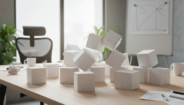Modern Office White Cube Blocks Teetering on Desk