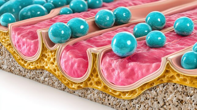 Cross section illustration depicts microscopic spheres interacting with the outer layer of biological tissue