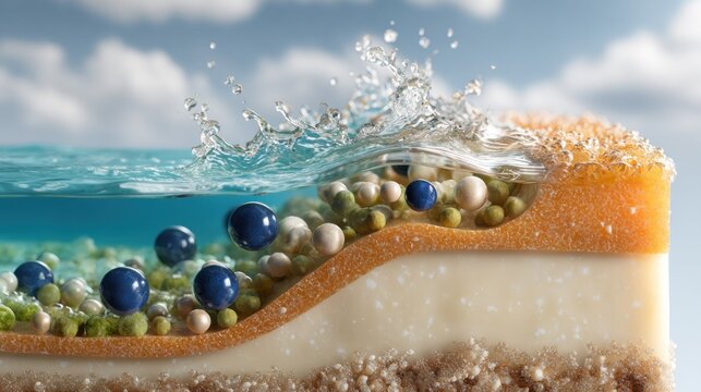 Cross section illustration depicts liquid absorption and particle filtration within a layered material structure