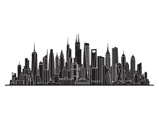 Fototapeta premium Modern Skyline Cityscape Vector Illustration With Tall Skyscrapers And Unique Buildings