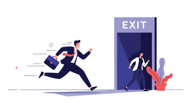 Business man and woman in suits running urgently toward an exit door in a modern flat vector illustration about leaving work or escaping.