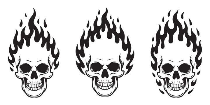 Assorted flaming skull images created as black and white vector art for use in creative projects like logos apparel designs stickers or artistic prints.