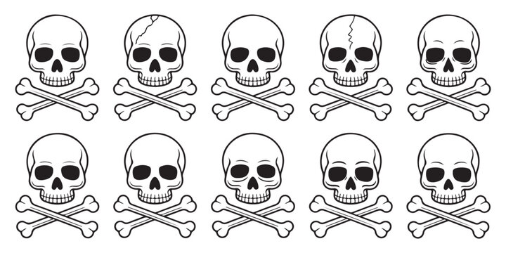 Set of skull and crossbones vector illustrations depicting various human cranium designs with different crack patterns and expressions for graphics.