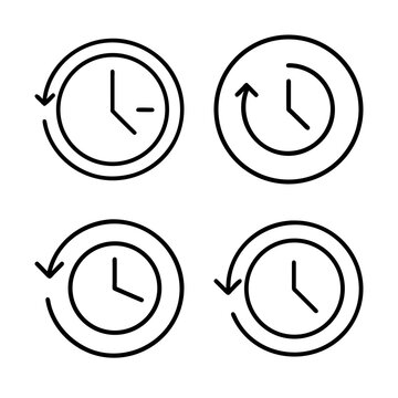 Clock icons with different arrow directions - Four clean clock icons showing clockwise and counter-clockwise arrows for design and web use.