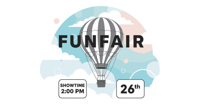 Vintage style funfair event poster featuring a large striped hot air balloon floating among clouds with date and time details.