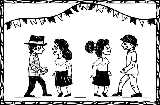 Couple in party dancing with flags. woodcut style
