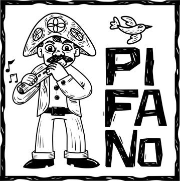 Flute Woodcut Folk Music Illustration