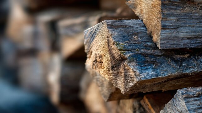 Close-up of split hardwood logs stacked neatly, showcasing unique textures, natural colors, and organic patterns for home decor and landscaping projects