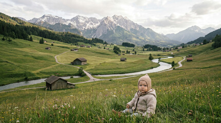 Naklejka premium Baby sitting in alpine meadow with mountains and river in background