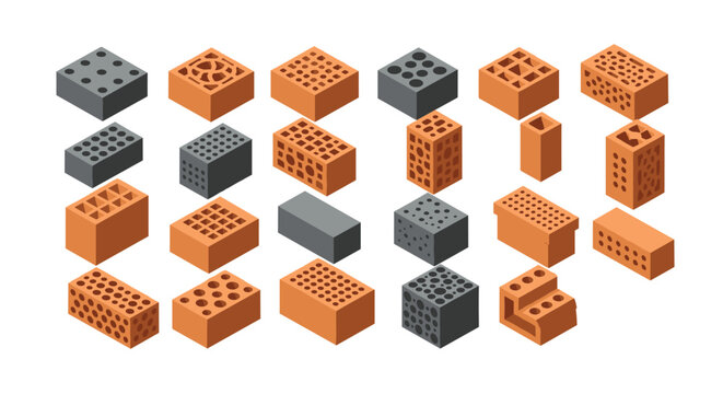 Large variety of isometric construction bricks in different shapes, sizes, and colors including standard red and perforated grey blocks.