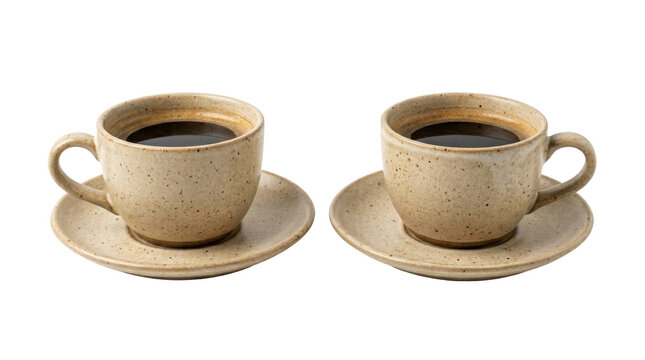 Two Ceramic Cups Filled With Dark Coffee On Saucers.