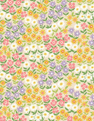 Naklejka premium Seamless floral pattern. Cute garden flowers and leaves colorful pattern. Design for fashion textiles, fabric, print, graphics, backgrounds and crafts.
