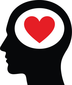 Minimalist graphic illustration featuring a human head profile containing a bright red heart symbol inside it