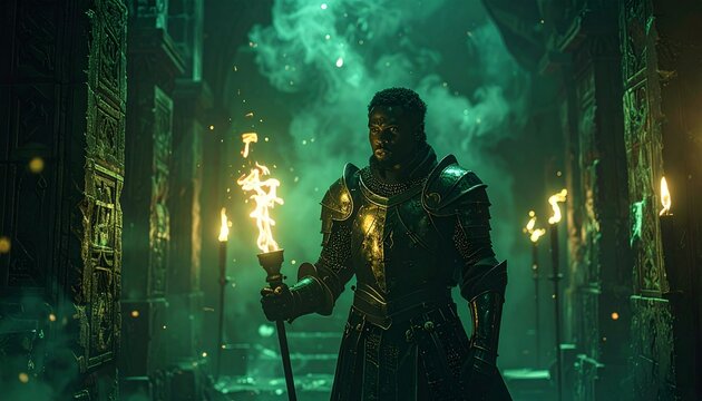 A resolute medieval black knight in shining armor exploring a dark ancient stone dungeon by torchlight with green mystical atmosphere