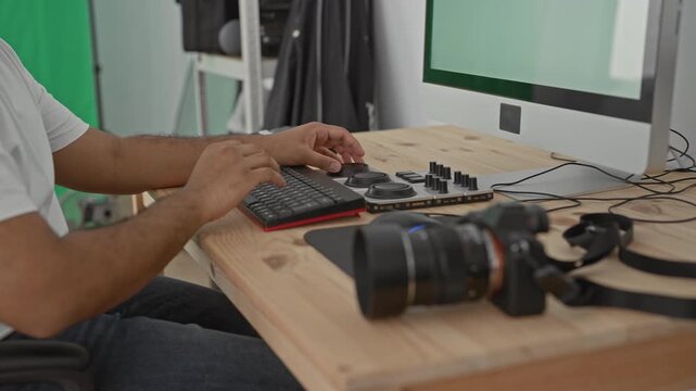 Man photographer seated at desk types on keyboard and turns editing dial with hands beside dslr camera and large monitor against green screen and shelves in studio; concentration.