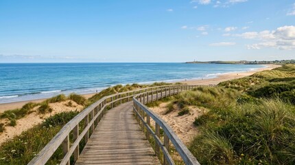 Fototapeta premium A wooden walkway leads towards a sandy beach and the ocean under a clear blue sky. The walkway is bordered by lush green dunes and grasses.