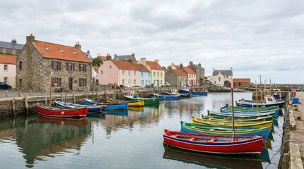 Fototapeta premium A picturesque harbor scene showcases colorful fishing boats moored in a calm, reflective harbor. Traditional stone buildings line the waterfront, creating a charming coastal village atmosphere.