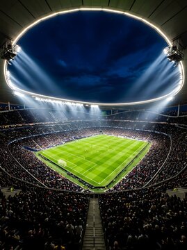 High-angle view of a professional soccer stadium at night during a live match with a green grass pitch, bright floodlights, tiered seating filled with spectators, and a dark blue sky.