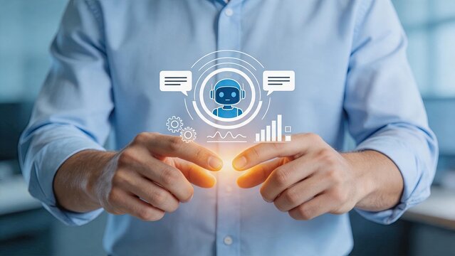 Artificial intelligence chatbot virtual assistant concept with glowing robot head icon and speech bubbles held by man hands representing automated customer support and machine