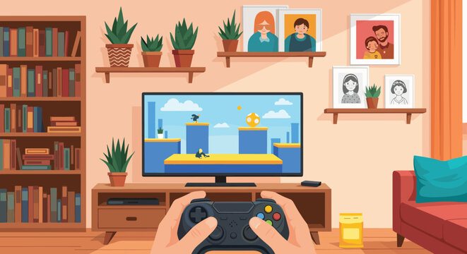Cozy living room interior with a television, bookshelf, plants, and a person holding a game controller while playing a video game.