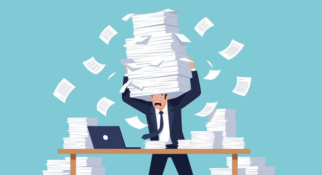 Stressed businessman overwhelmed by a massive stack of paperwork and flying documents while working at his office desk.