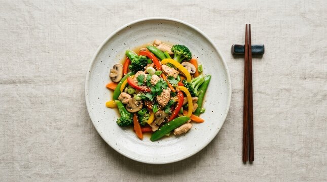 A plate of chicken and vegetable stir-fry sits on a linen tablecloth. A pair of chopsticks rests beside the plate.