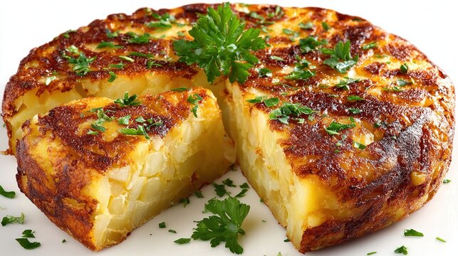 Traditional Spanish tortilla omelette with layered potatoes and caramelized onions, golden brown crust garnished with fresh green herbs, isolated on clean white background.