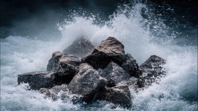 deposition. Large rocks in a turbulent river, water splashing around them, dynamic motion. travel magazines, destination branding, designed for outdoor magazines and nature guides.