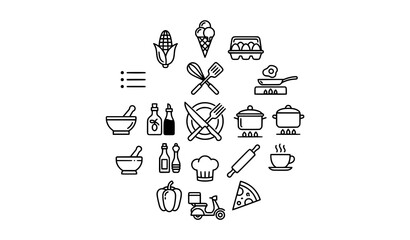 Fototapeta premium Modern food line icons with editable kitchen and cooking vector design