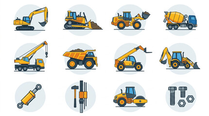 Collection of construction vehicles and equipment icons. © Melati