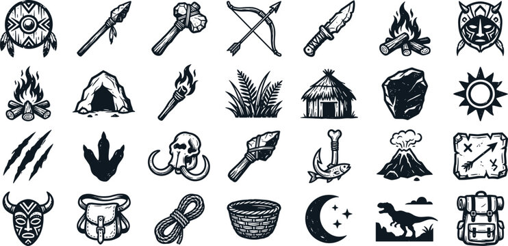 Stone age prehistoric caveman survival elements icon set with ancient primitive weapons tools hunting gear and tribal symbols vector