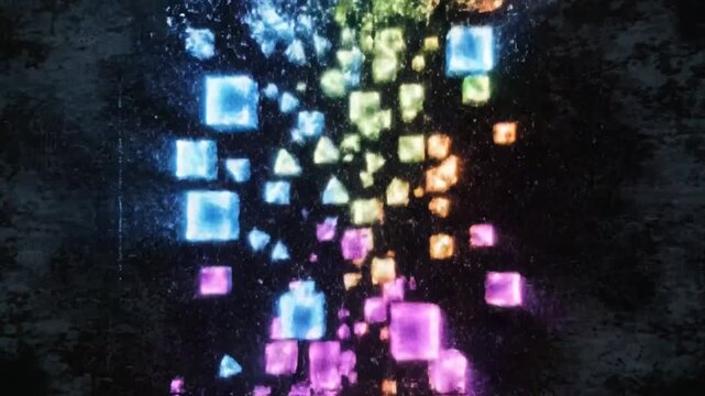 Abstract digital animated cubes particles flowing in the dark background with vibrant color spectrum for artistic visual elements.