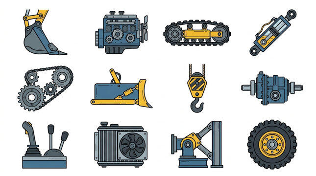 Collection of construction equipment parts and machinery components.