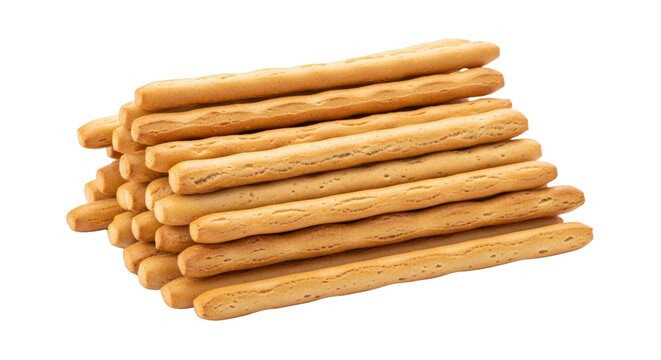 Stack of Golden Brown Breadsticks on White Background.