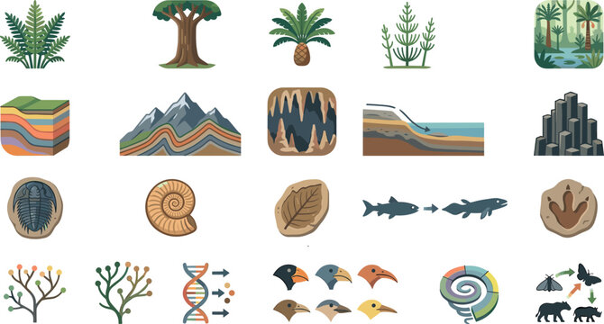Prehistoric paleontology and evolution vector icon set with ancient fossils geological strata layers prehistoric plants and biology diagrams