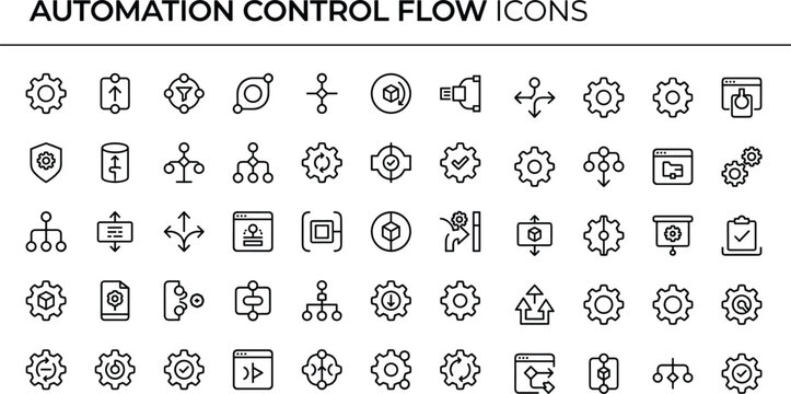 Automation control flow icon set in minimal outline style for process management, system operations, and software interface design